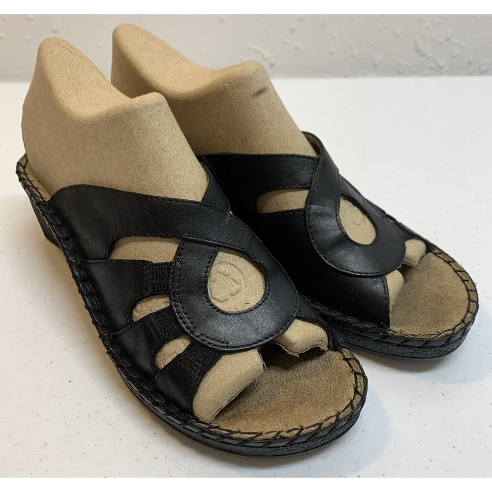 Duck Head Sandals Womens 7 M Angie Black Leather Wedge Open Toe Cut Out Detail